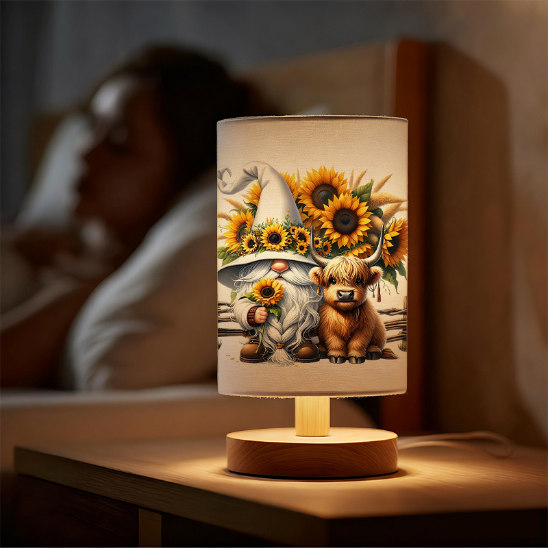 Modern USB Powered Linen Table Lamp with Sunflower And  Gnome Design