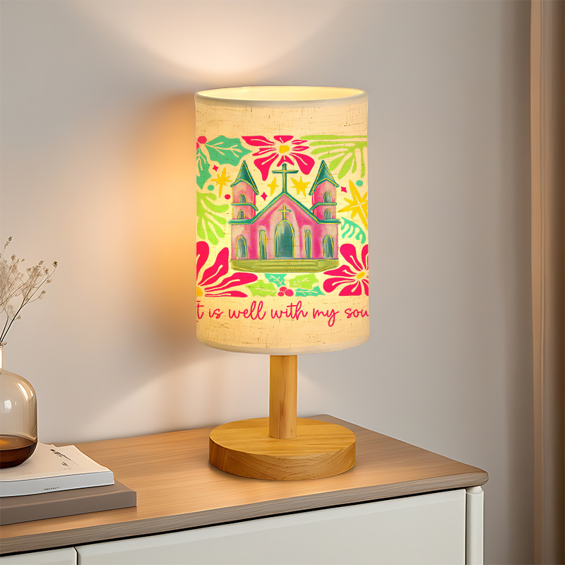 Modern USB-Powered Linen Table Lamp with Tropical Leaf Pattern 