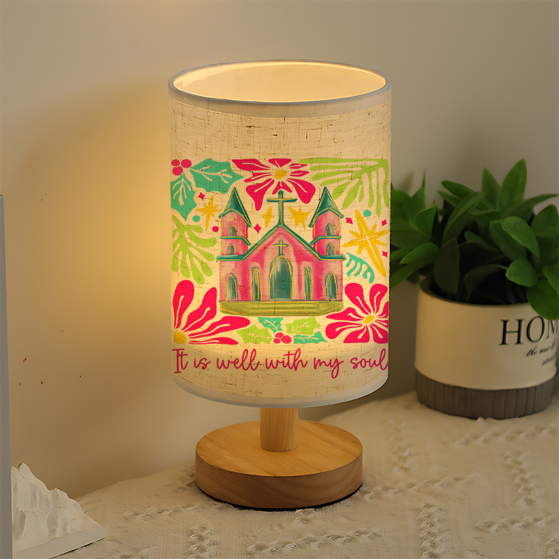 Modern USB-Powered Linen Table Lamp with Tropical Leaf Pattern 