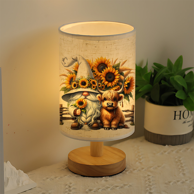 Modern USB Powered Linen Table Lamp with Sunflower And  Gnome Design