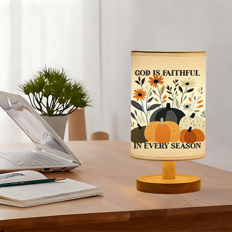 Modern USB-Powered Linen Table Lamp with Floral Pumpkin Design & "God is Faithful in Every Season" Quote 