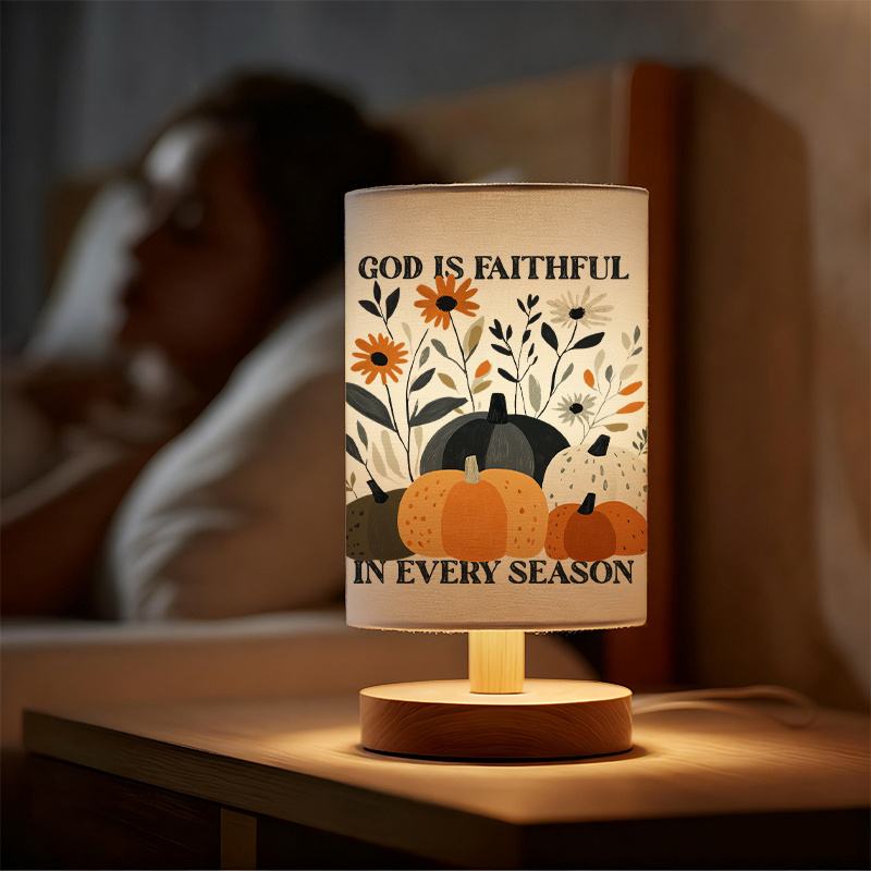 Modern USB-Powered Linen Table Lamp with Floral Pumpkin Design & "God is Faithful in Every Season" Quote 