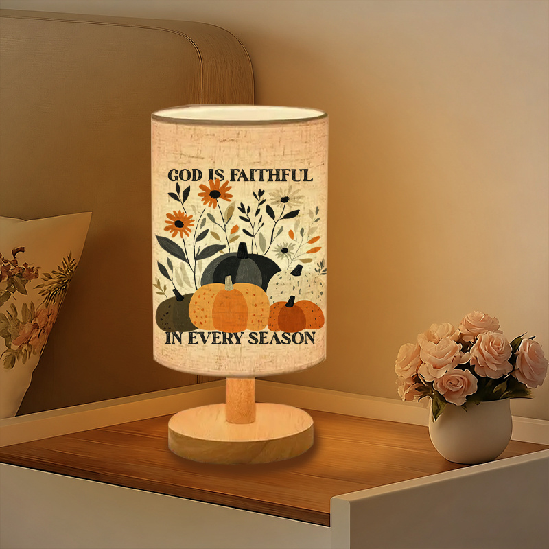 Modern USB-Powered Linen Table Lamp with Floral Pumpkin Design & "God is Faithful in Every Season" Quote 