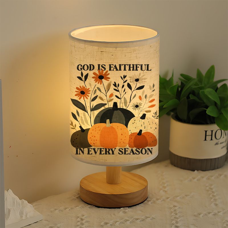 Modern USB-Powered Linen Table Lamp with Floral Pumpkin Design & "God is Faithful in Every Season" Quote 
