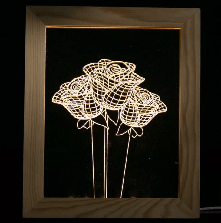 Solid Wood 3D Bedside Photo Frame Lamp-Rose - 3D Optical Lamp