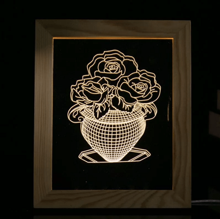 Solid Wood 3D Bedside Photo Frame Lamp-Rose Vase - 3D Optical Lamp