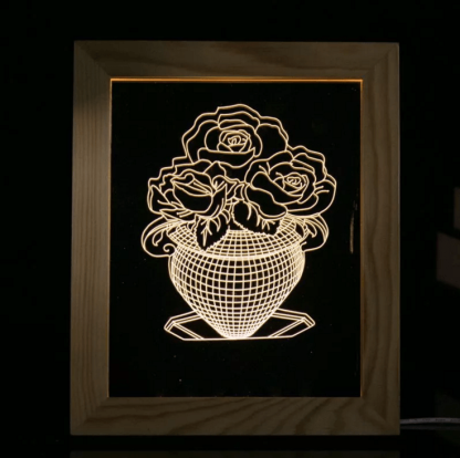 Solid Wood 3D Bedside Photo Frame Lamp-Rose Vase - 3D Optical Lamp