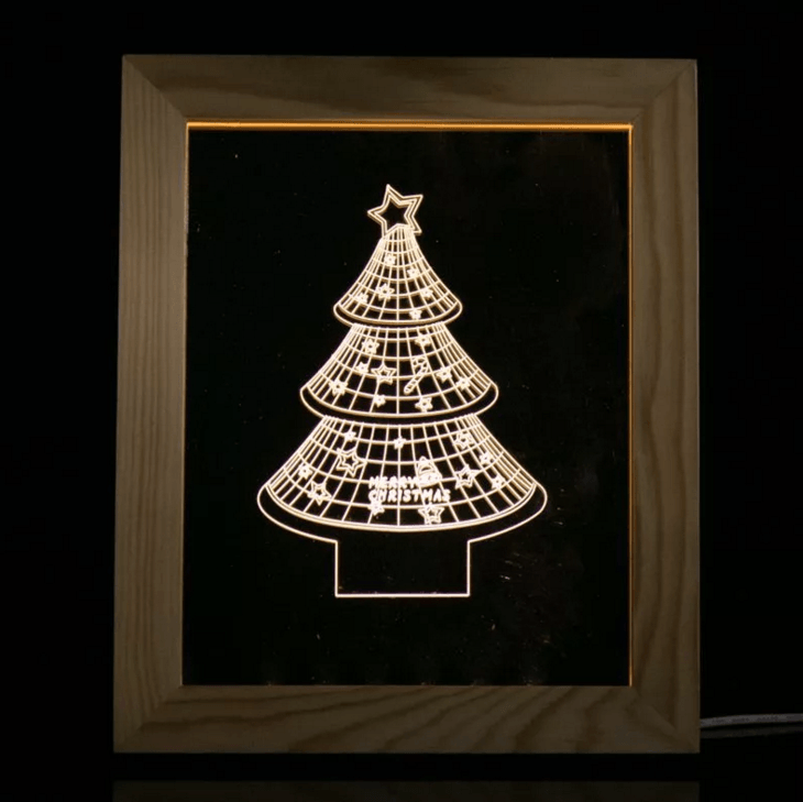 Solid Wood 3D Bedside Photo Frame Lamp-Christmas Tree - 3D Optical Lamp