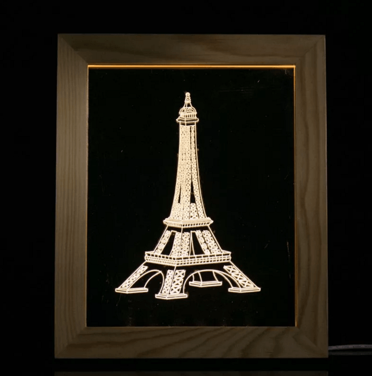 Solid Wood 3D Bedside Photo Frame Lamp-Iron Tower - 3D Optical Lamp