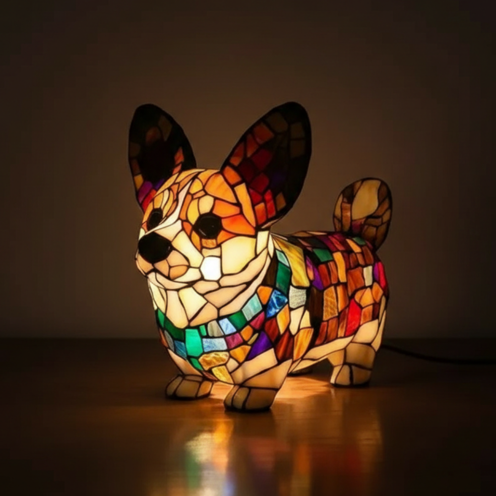 Corgi Puppy Shaped Stained Glass Table Lamp For Decor