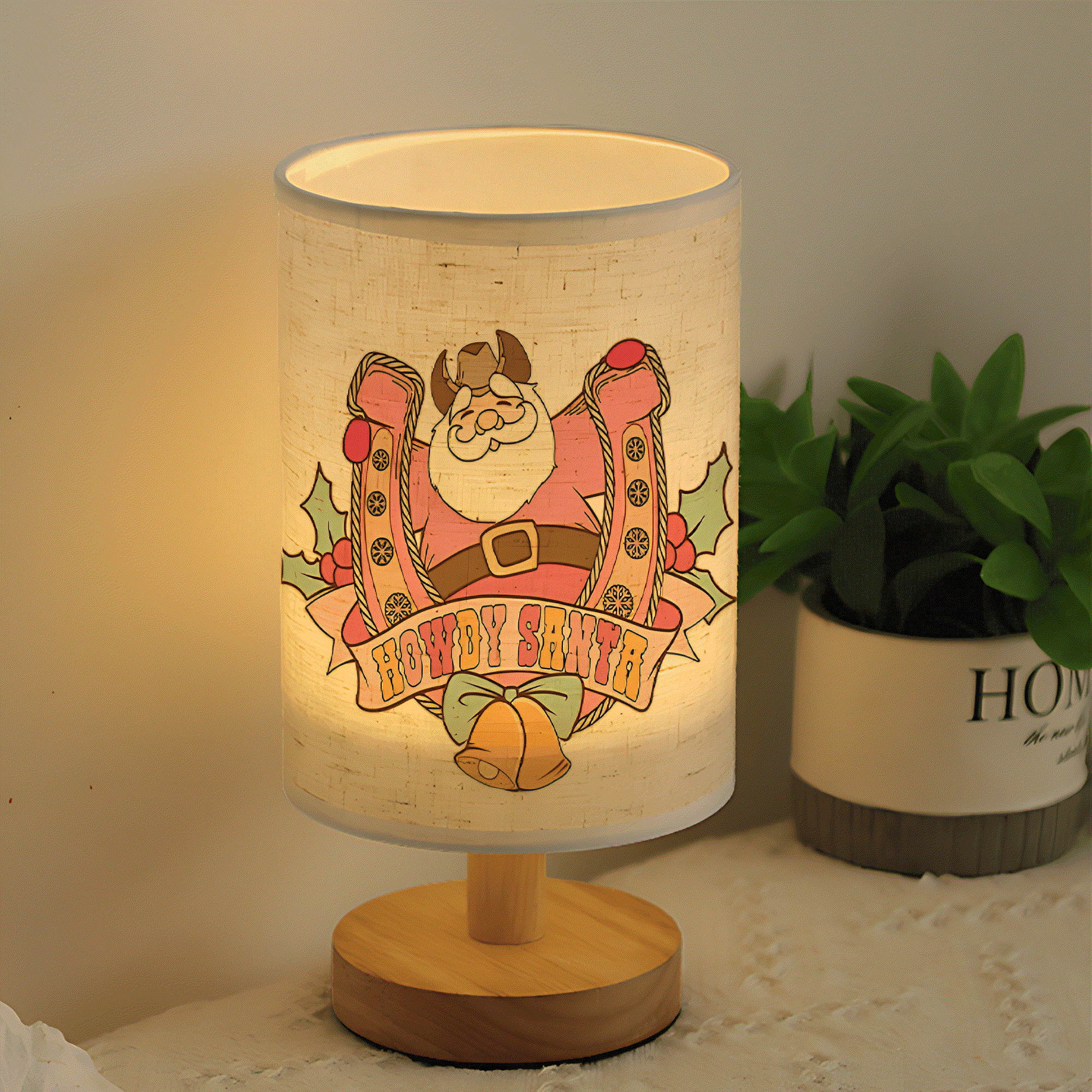 Howdy Santa Printed Linen Table Lamp With Santa And Bell Design
