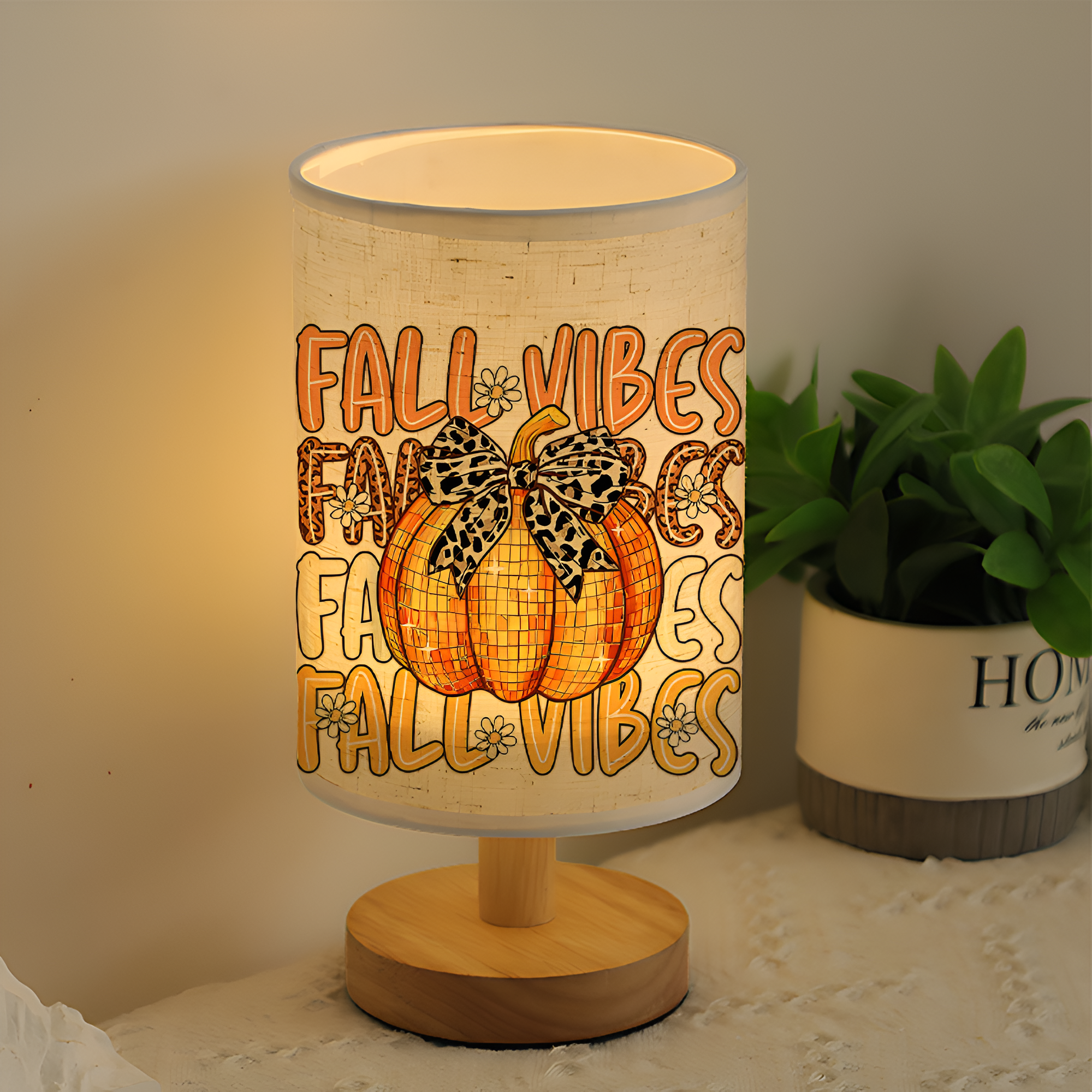 Fall Vibes Printed Linen Table Lamp With Pumpkin Design