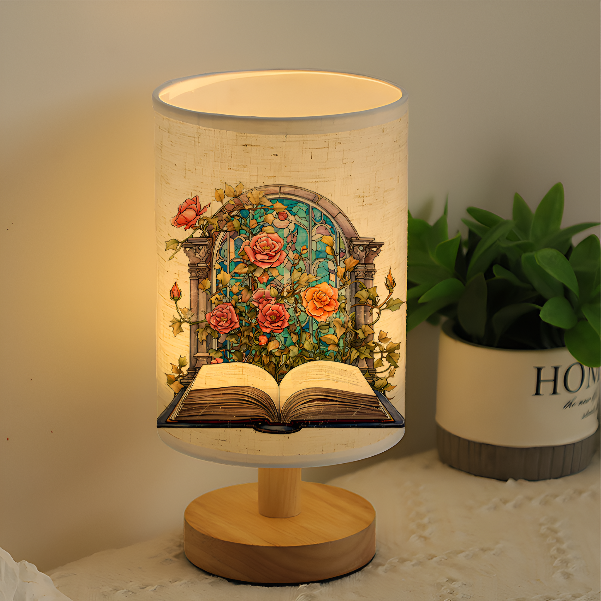 Floral Artwork Open Scripture Book Printed Home Decor Linen Table Lamp