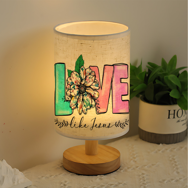 Floral Print Linen Table Lamp With Wooden Base For Decor