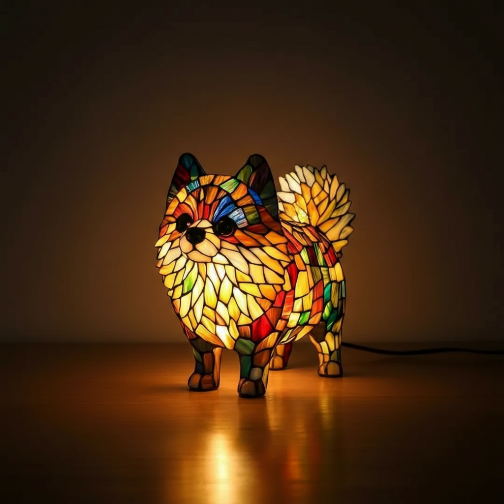 Decorative Dog Stained Glass Lamp With Warm Ambient Lighting For Living Room