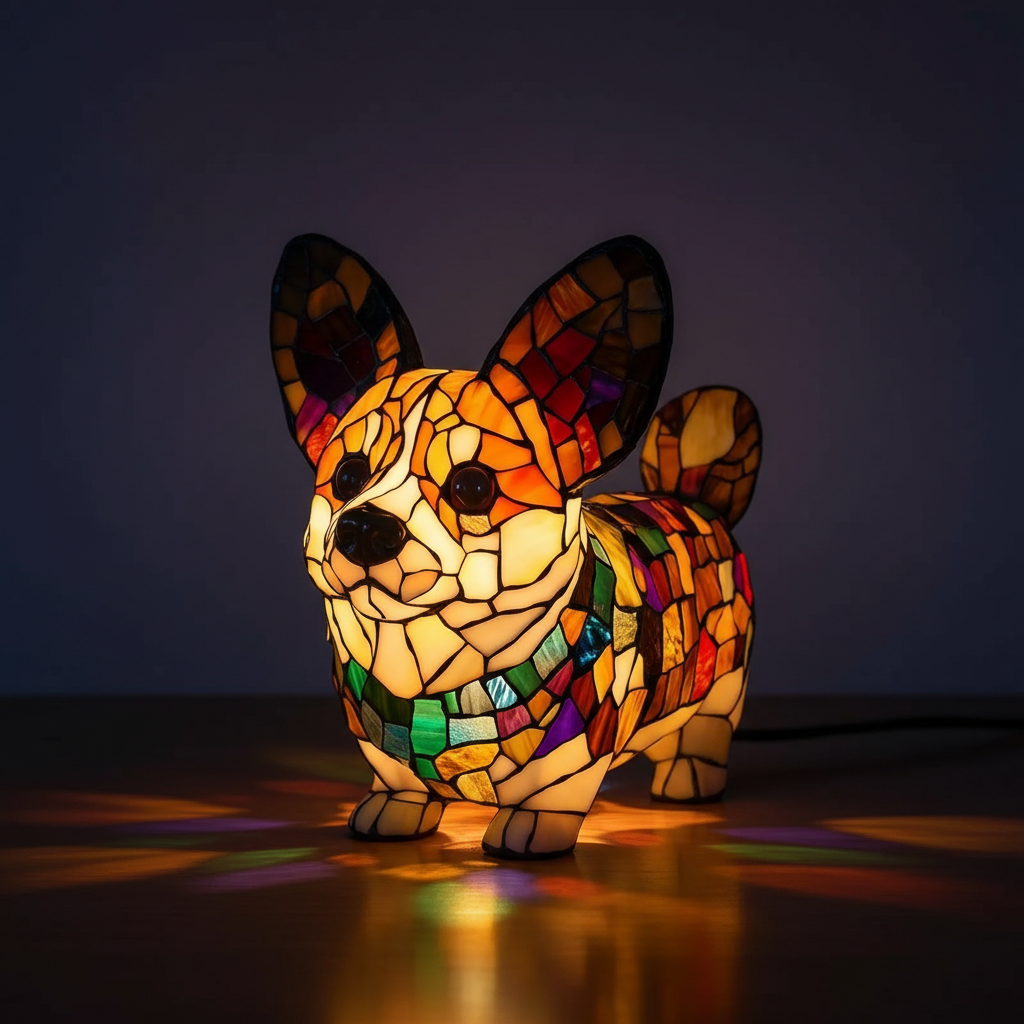 Decorative Corgi Shaped Stained Glass Lamps With LED Lighting For Gifts and Displays
