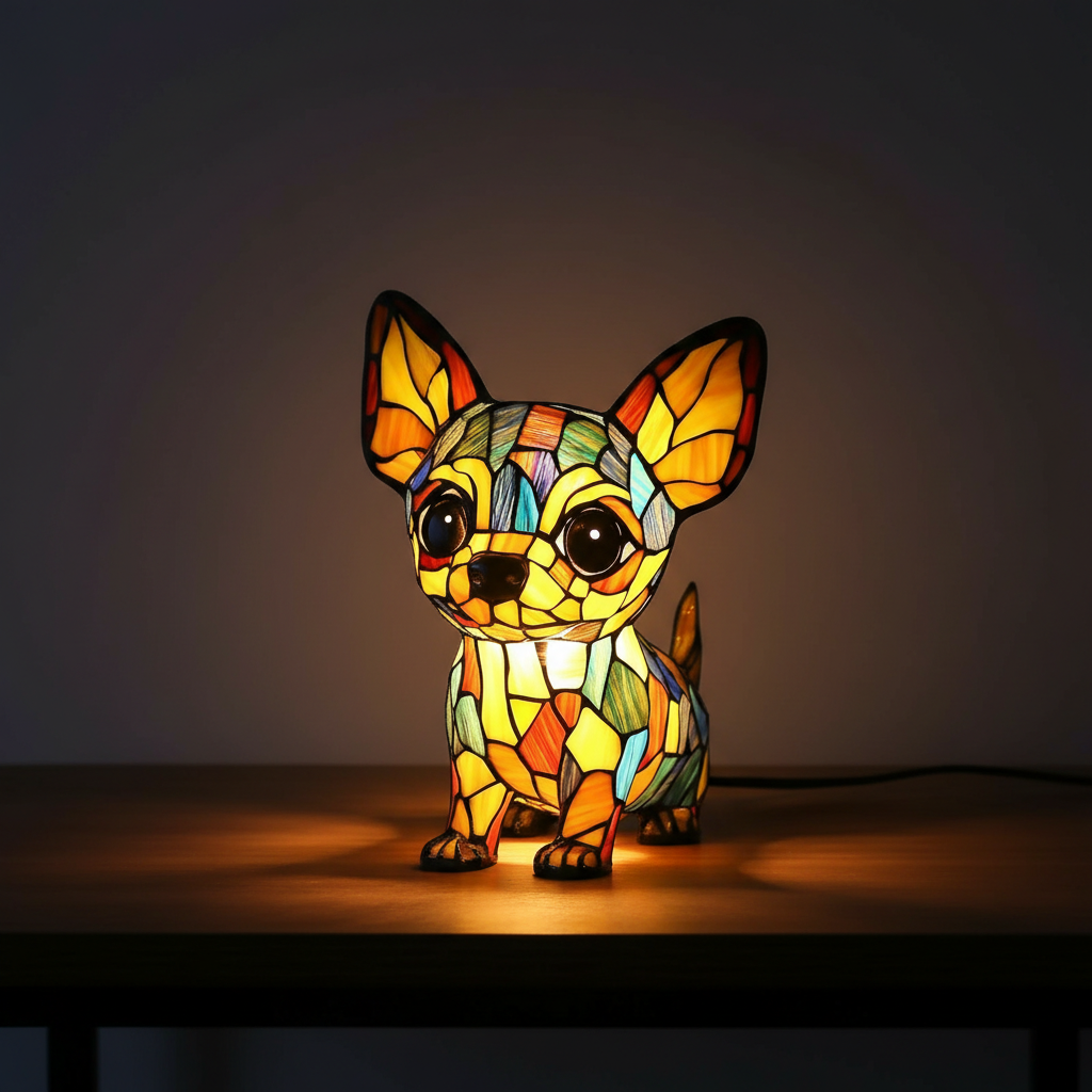 Chihuahua Dog Stained Glass Lamps With LED Night Light For Home Decor