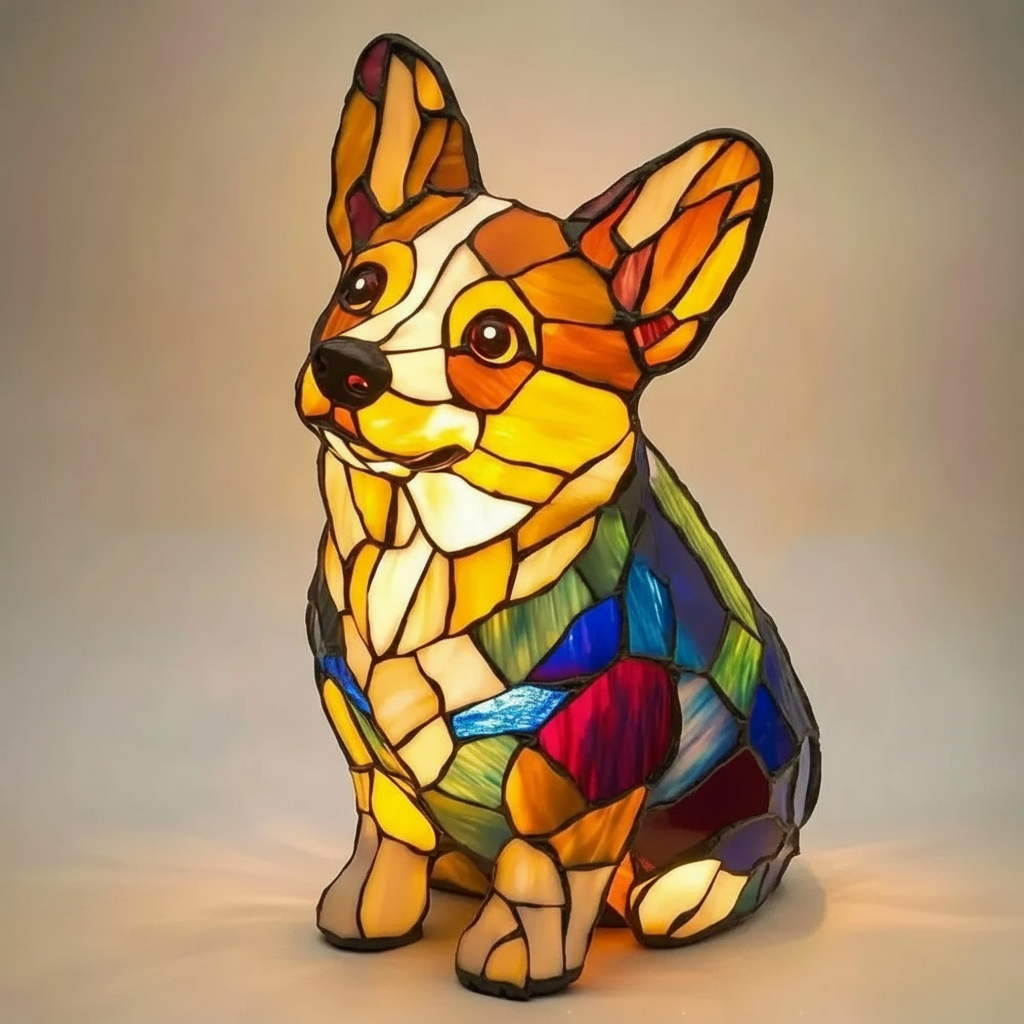 Pug Shaped LED Light Stained Glass Table Lamp