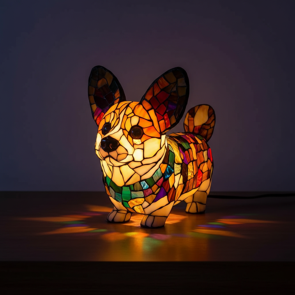 Decorative Corgi Shaped Stained Glass Lamps With LED Lighting For Gifts and Displays