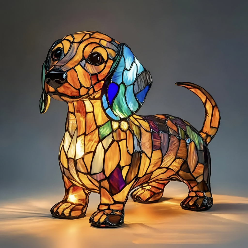3D Dog Themed LED Light Stained Glass Table Lamp