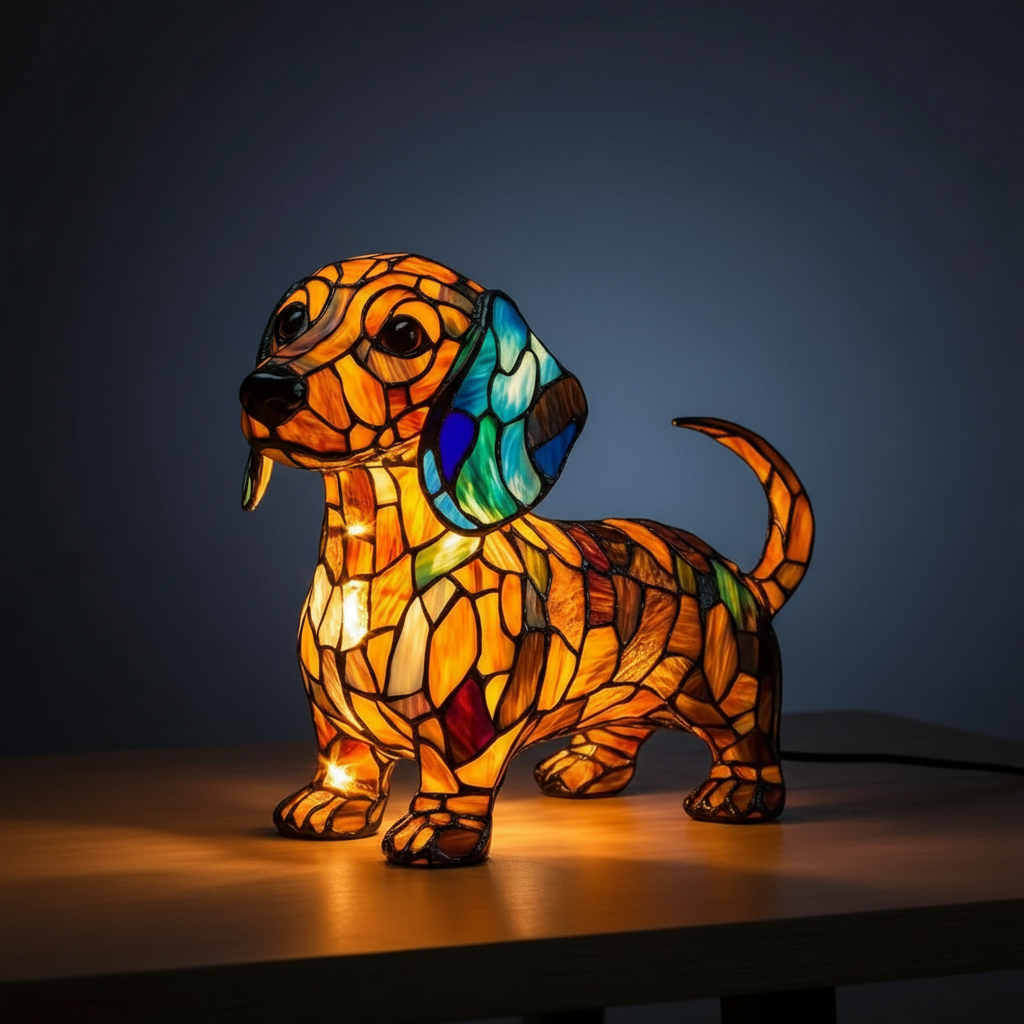 Dachshund Stained Glass Lamps With LED Night Light For Home Decor