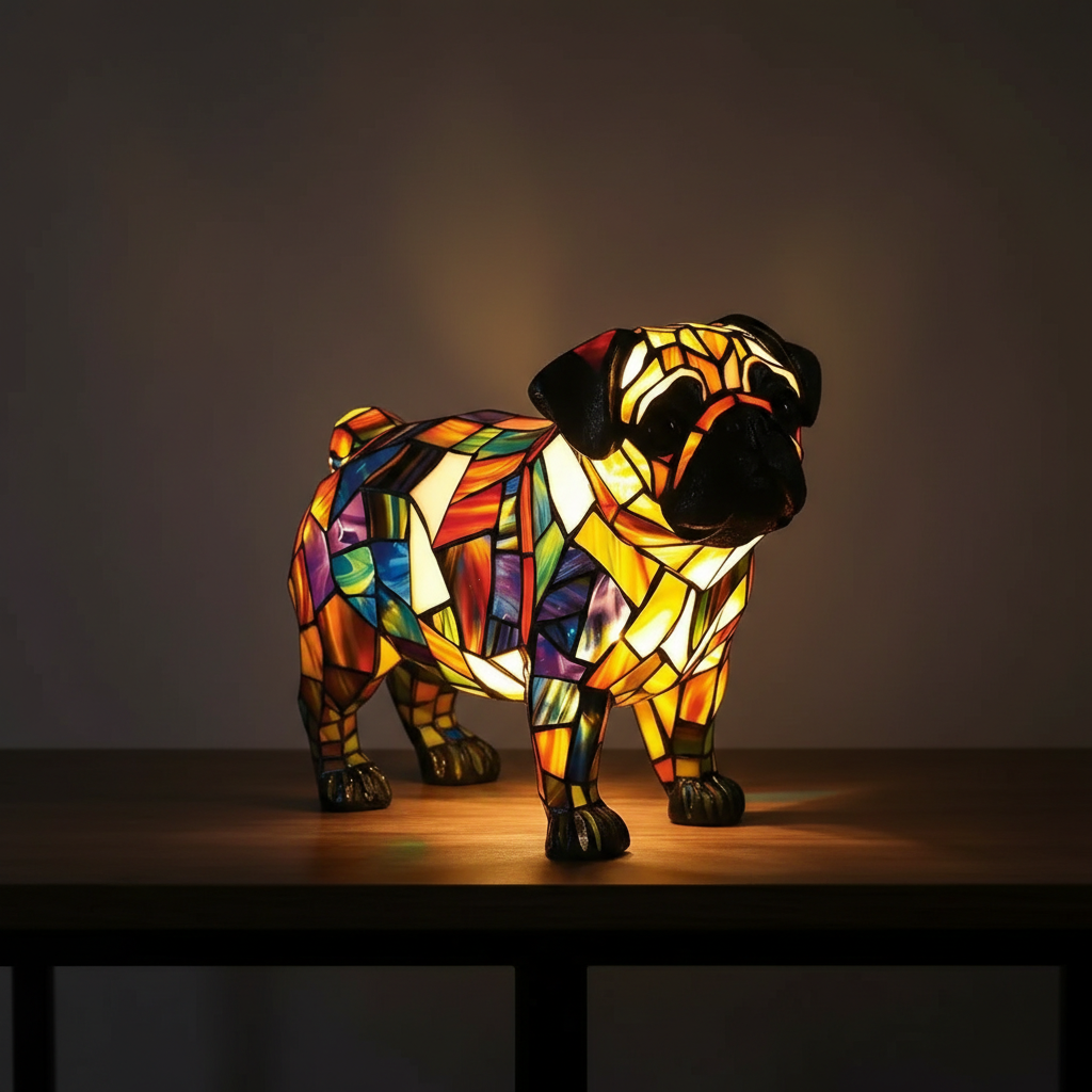 Pug Themed Stained Glass Lamps With LED Night Light For Home Decor