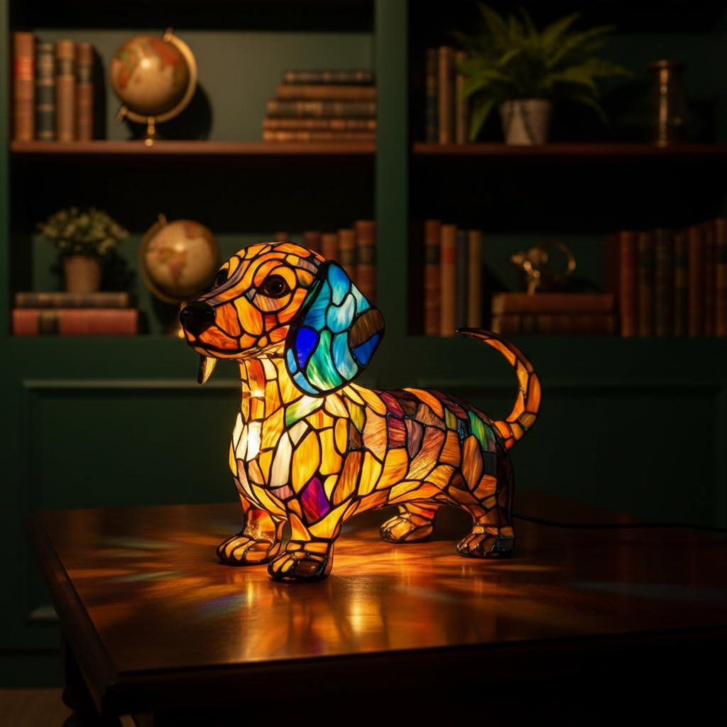 Art Style Dog Shaped Stained Glass Table Lamp