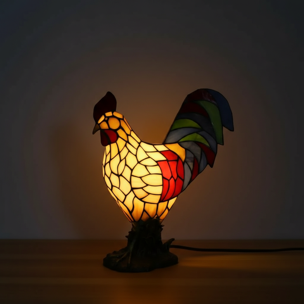 Artistic Rooster Sculpture With Stained Glass Lamps For Home Ambience