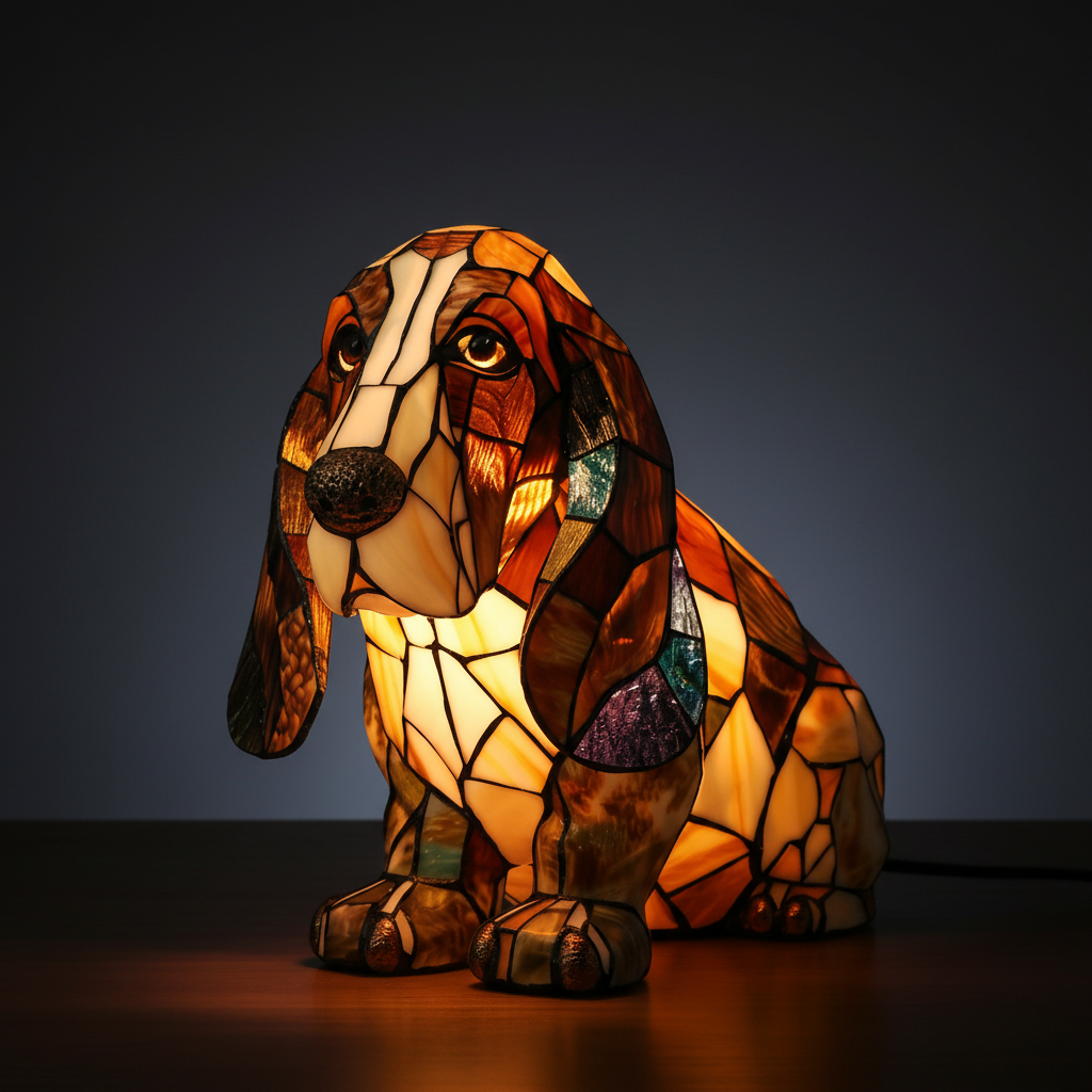Decorative Dog Stained Glass Lamps With LED Glow For Home Decor