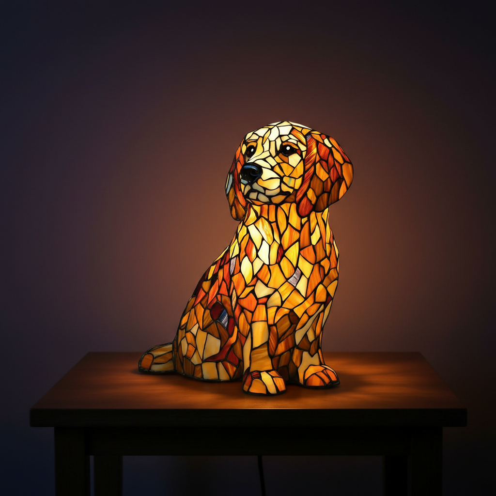 Golden Retriever Dog Stained Glass Lamps With LED Night Light For Home Decor