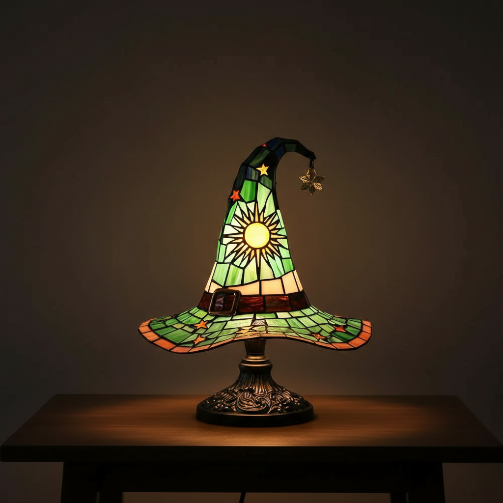 Artistic Hat Shaped Stained Glass Lamps With Sun Details And USB Power