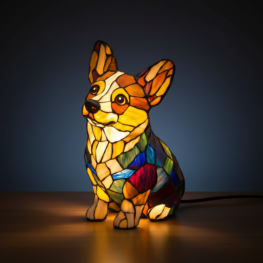Decorative Corgi Dog Stained Glass Lamps With LED Glow For Home