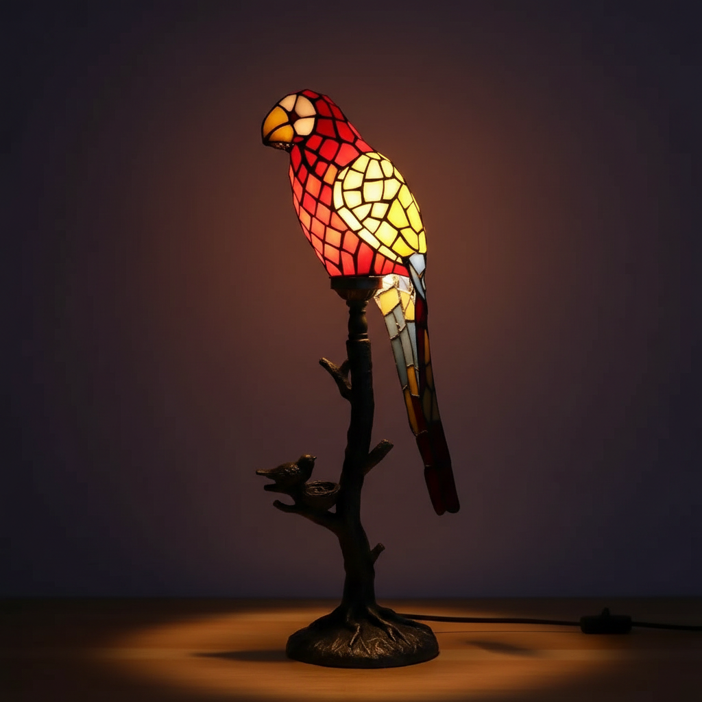 Decorative Parrot On Branch Themed Stained Glass Lamps For Home Decoration