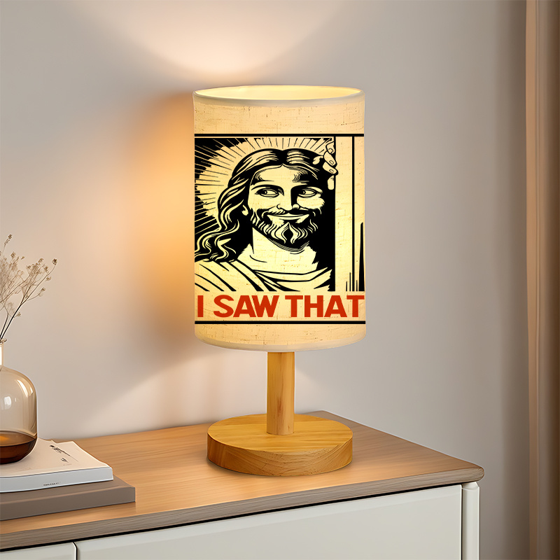 Modern USB-Powered Linen Table Lamp Christ "I Saw That" Design