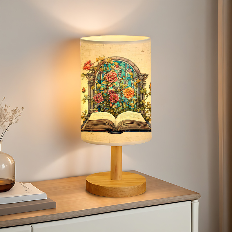 USB Powered Linen Table Lamp With Floral Pattern Shade And Warm Light 