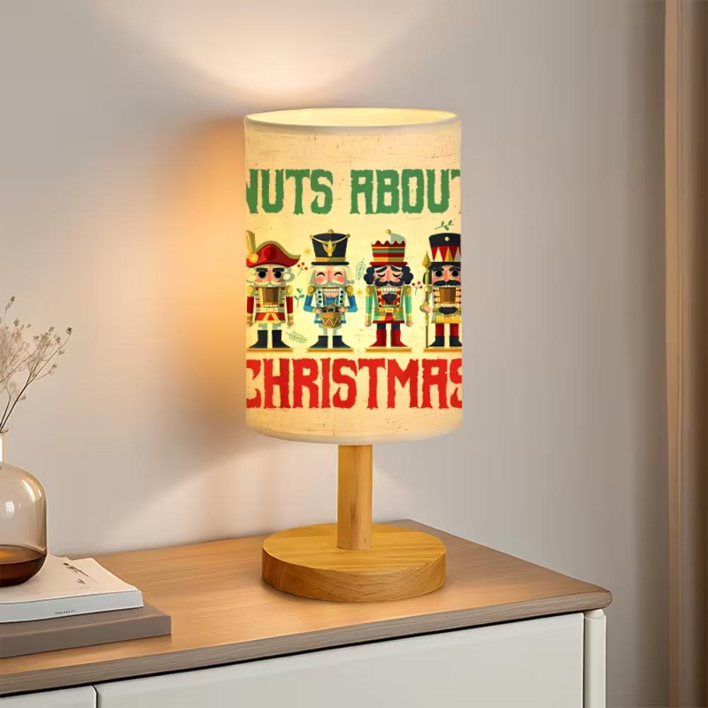Nuts About Christmas Print Table Lamp With Nutcracker Design And Wooden Base