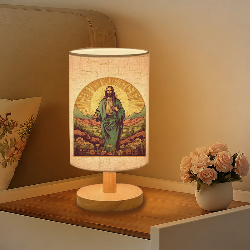 Modern USB-Powered Linen Table Lamp Christ Religious Design 