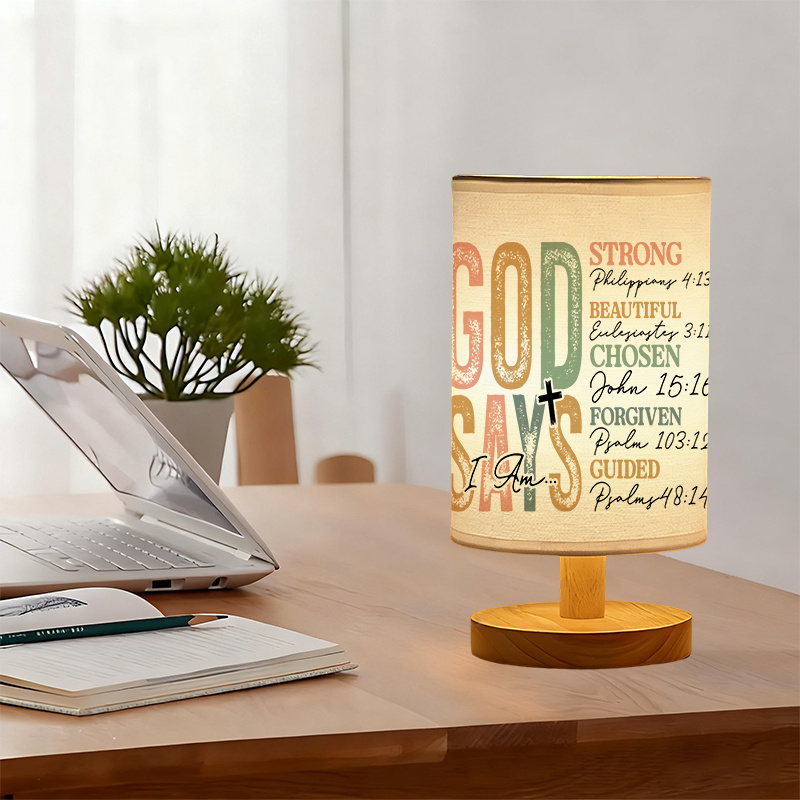 Modern USB-Powered Linen Table Lamp with Inspirational Bible Verse Design