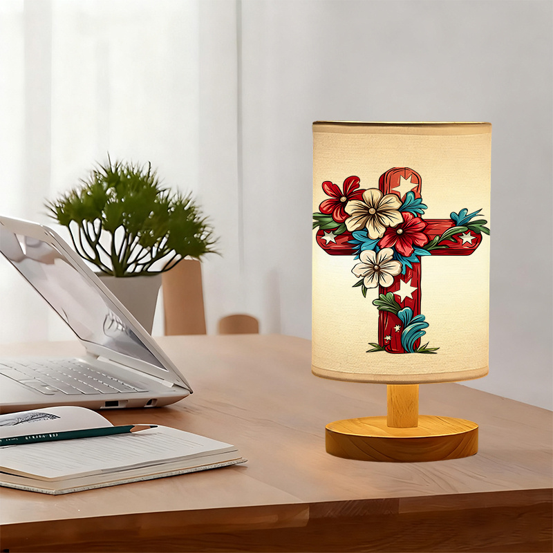 Modern USB-Powered Linen Table Lamp with Floral Cross Design & Warm Glow Lighting