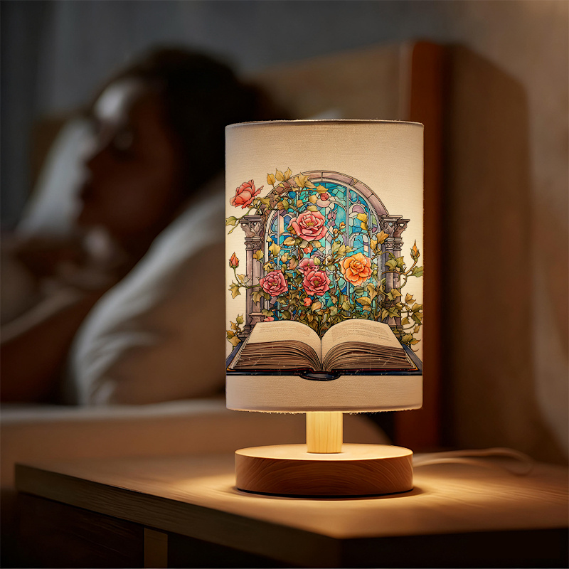 USB Powered Linen Table Lamp With Floral Pattern Shade And Warm Light 