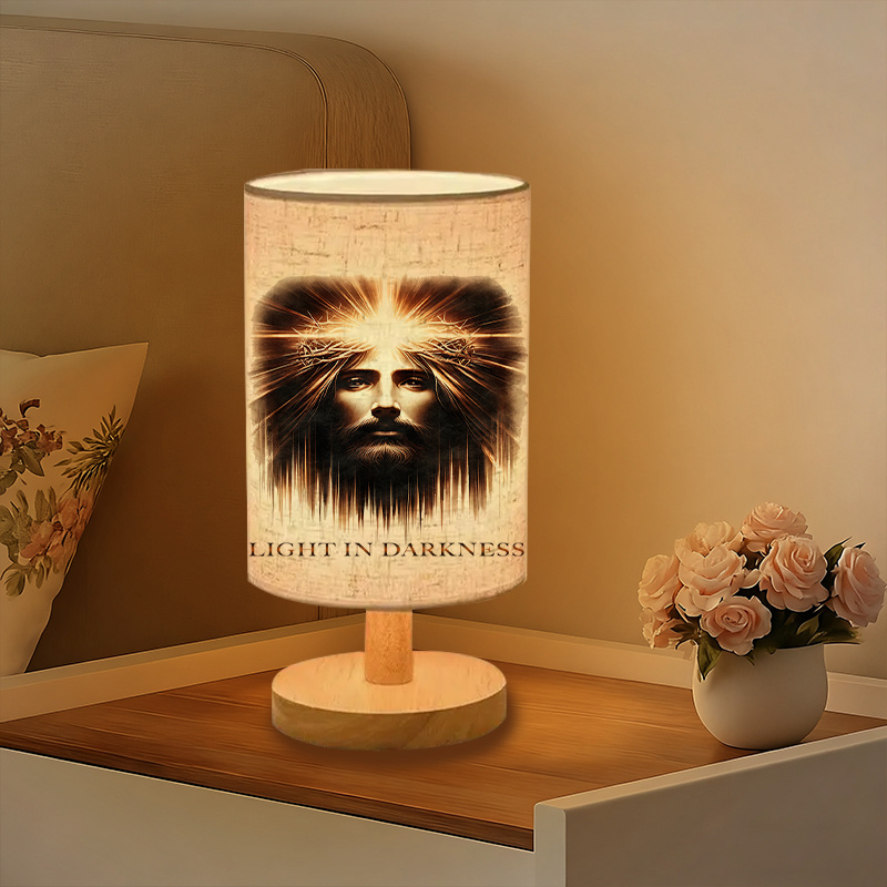 Modern USB-Powered Linen Table Lamp Christ Face Design & "Light in Darkness" Inscription