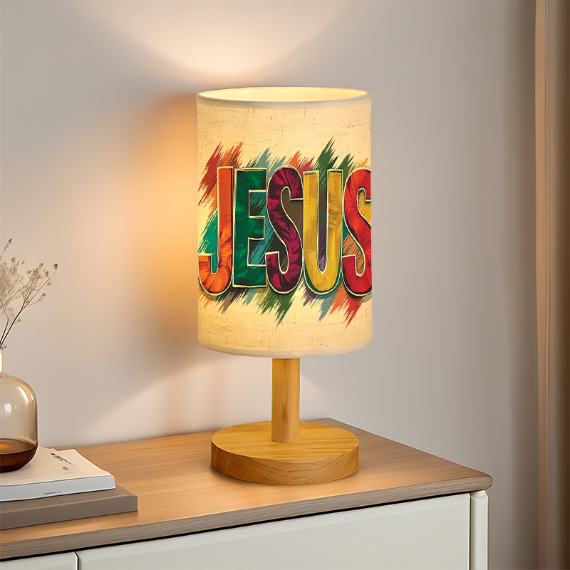 Modern USB-Powered Linen Table Lamp with Multicolor " " Lettering & Christian Cross Design
