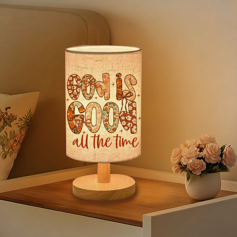 Modern USB-Powered Linen Table Lamp with Inspirational "God is Good All The Time" Design