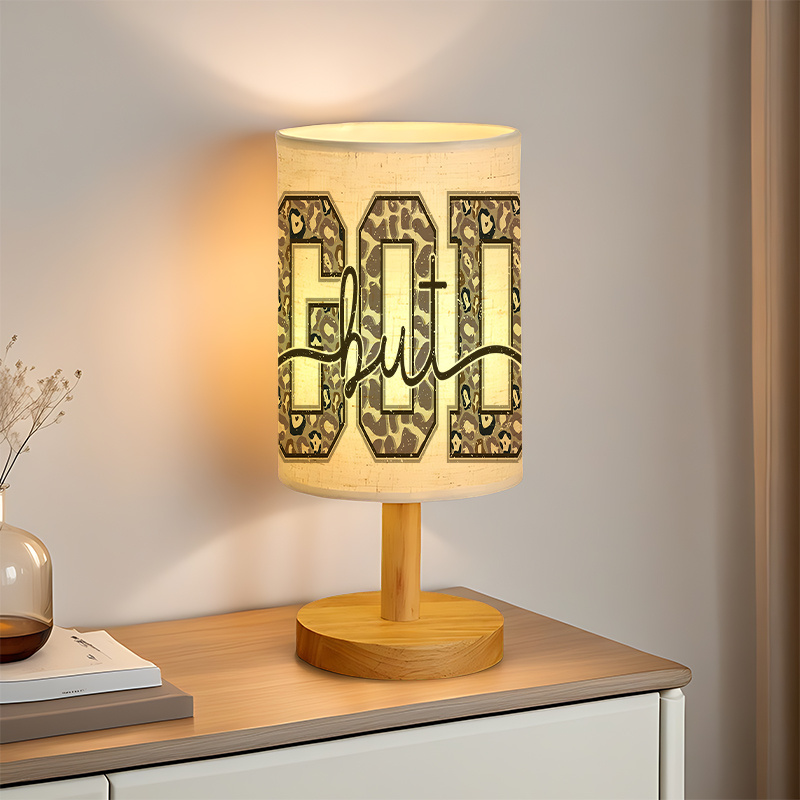 USB Powered Linen Table Lamp With Leopard Print And Cursive Lettering Design
