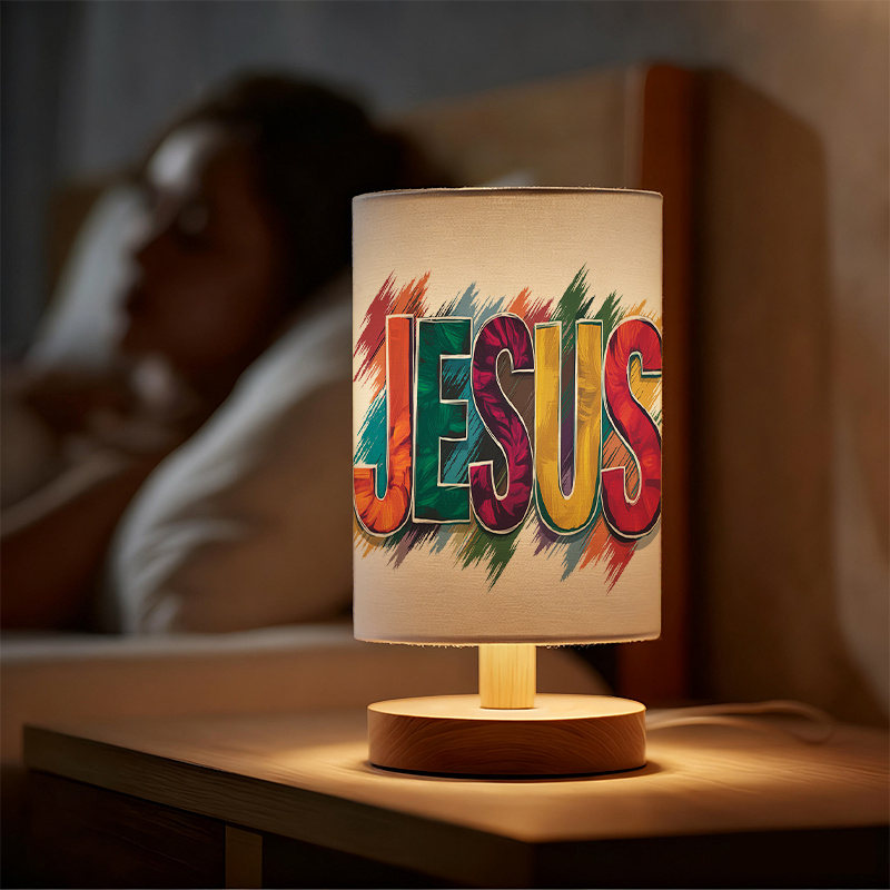 Modern USB-Powered Linen Table Lamp with Multicolor " " Lettering & Christian Cross Design