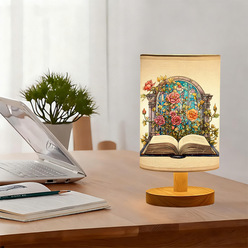 USB Powered Linen Table Lamp With Floral Pattern Shade And Warm Light 