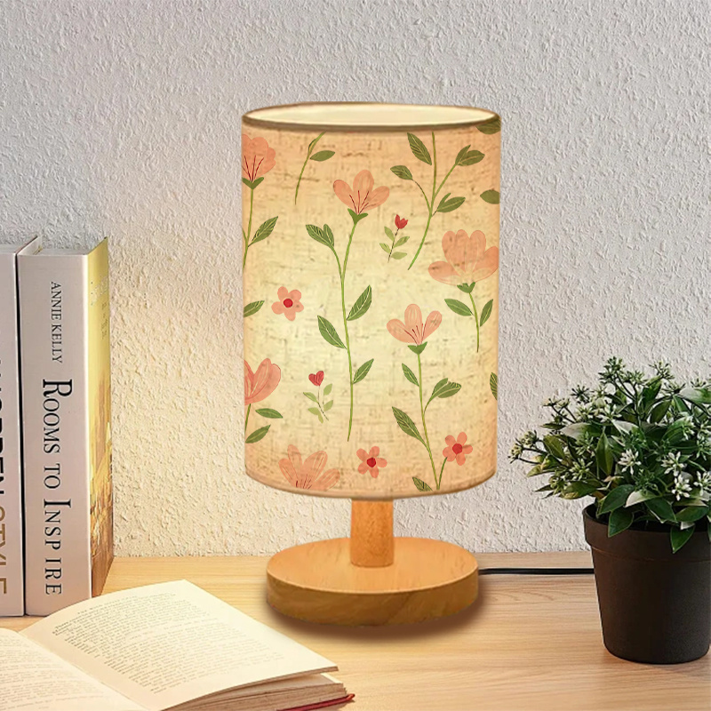 Double-Sided Bedside Lamp with Pink Floral & Green Foliage Linen Shade