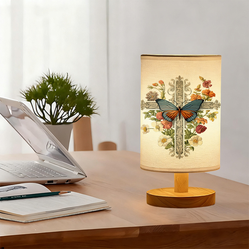 USB Powered Linen Table Lamp With Floral And Pattern Shade