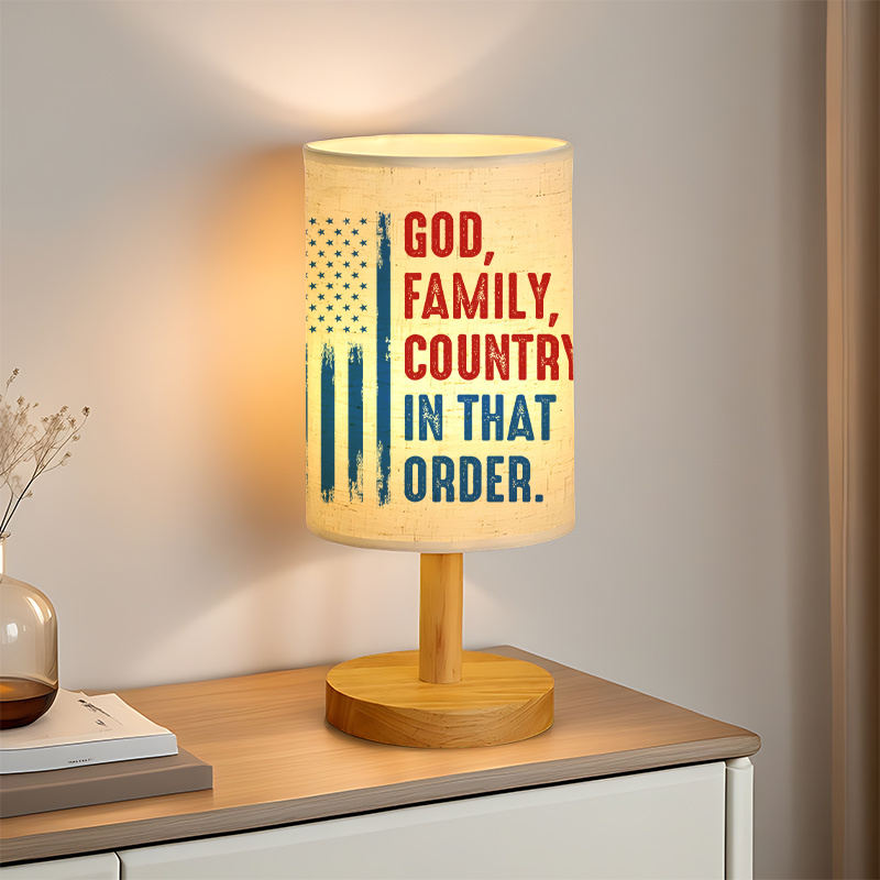 Modern USB-Powered Linen Table Lamp with Flag & "God for family Country in That Order" Design