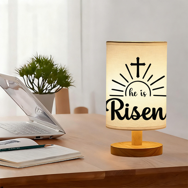 Modern USB-Powered Linen Table Lamp with Christian Cross & "He is Risen" Design
